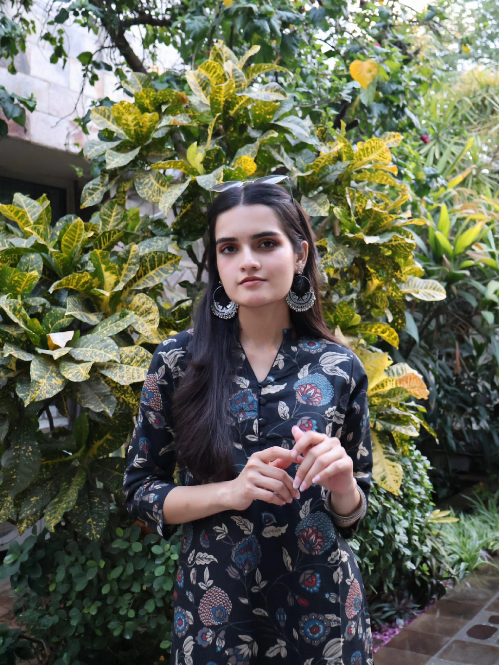 Black Floral Print Straight Kurta