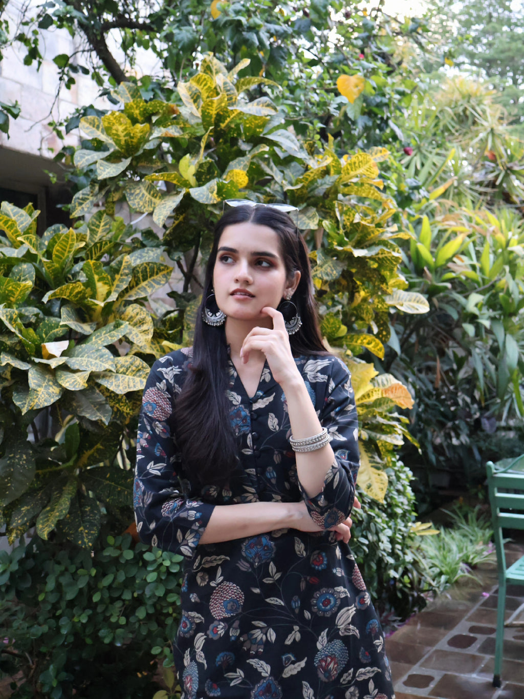 Black Floral Print Straight Kurta