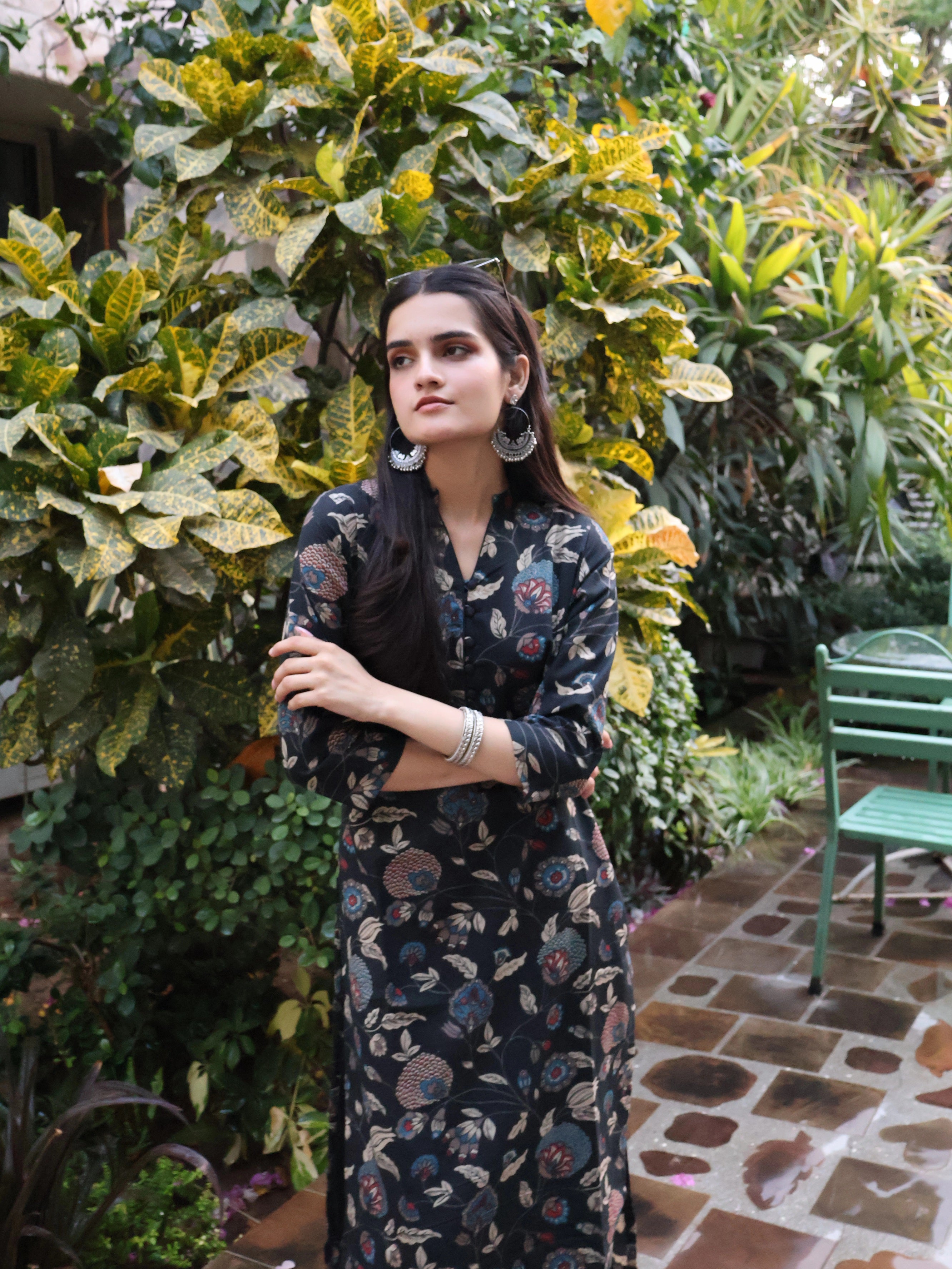 Black Floral Print Straight Kurta