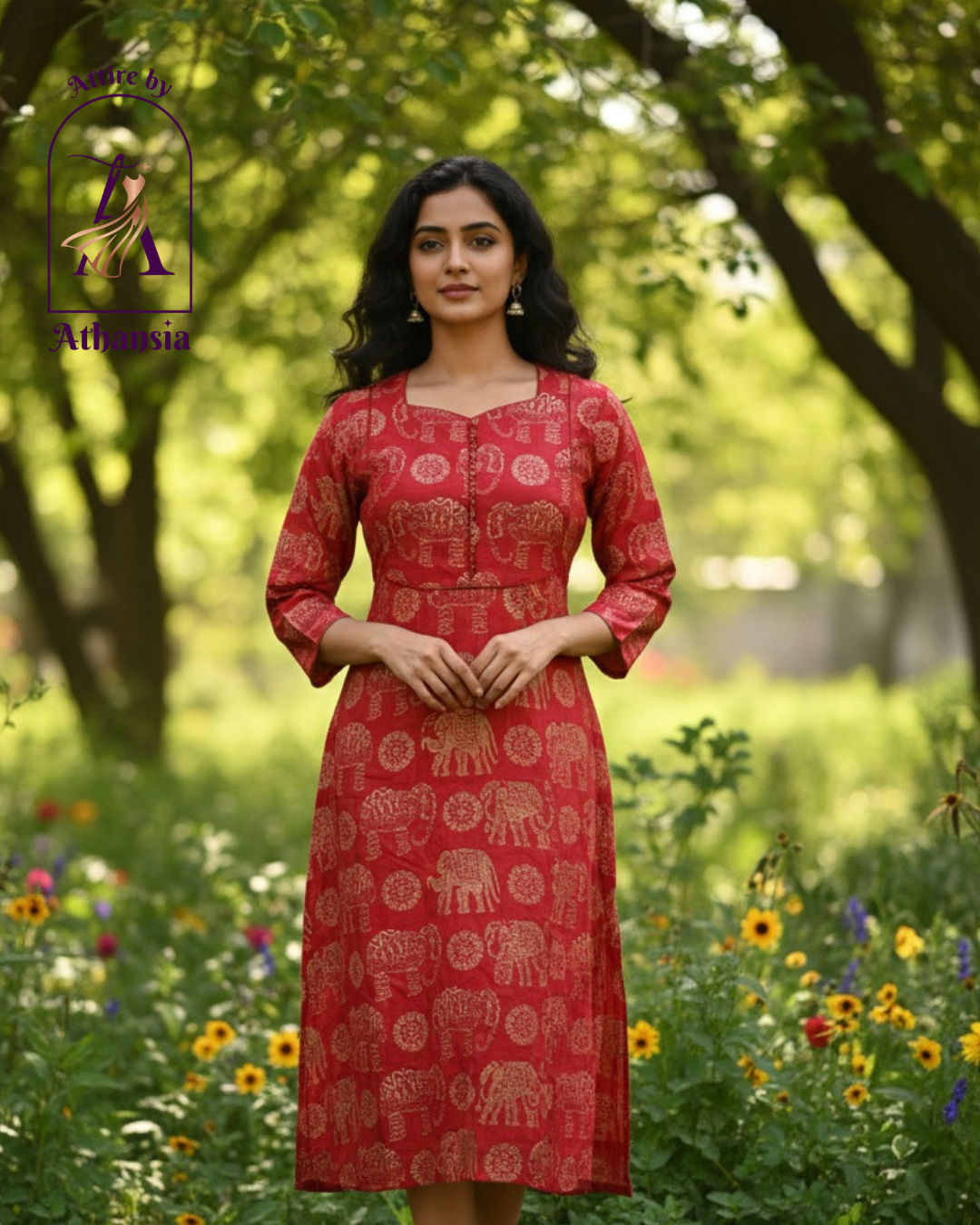 Crimson Elephant Print Kurta