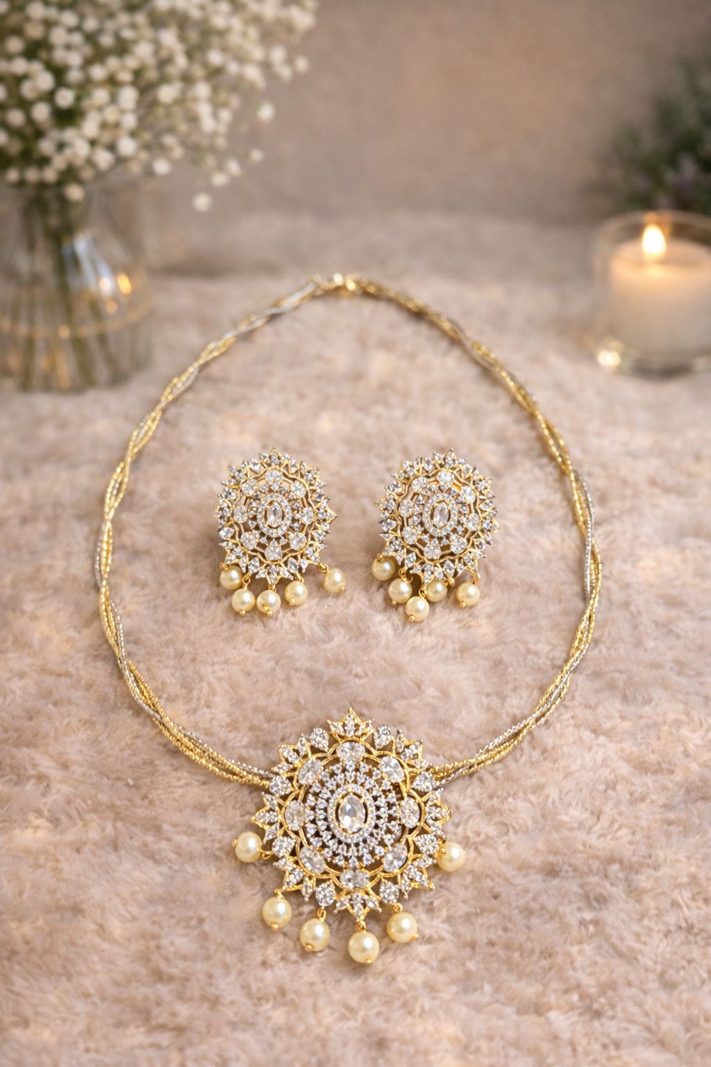 Stylish Twisted Rope Necklace With White Stone Pendant Set With Pearl Hanging