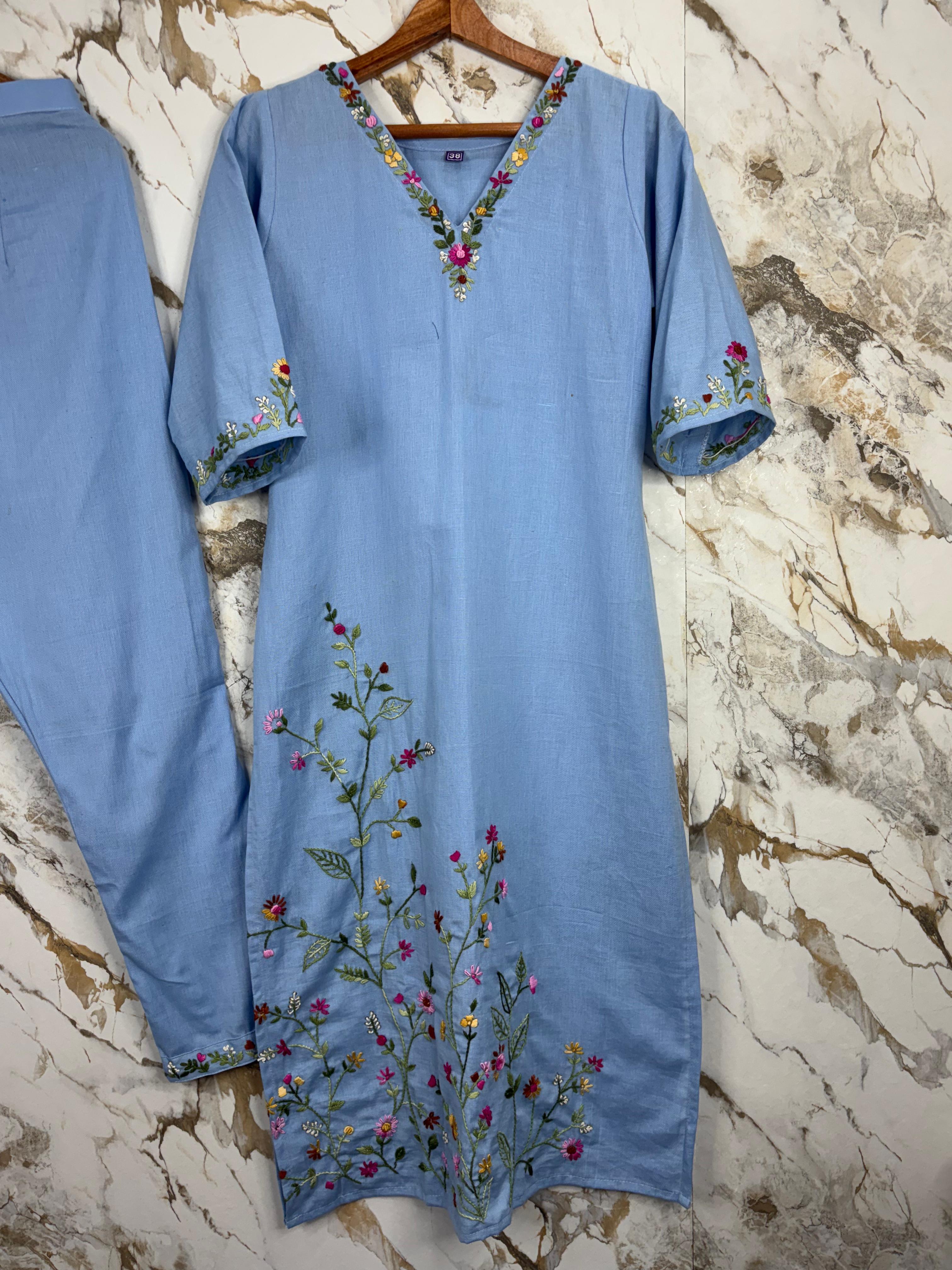 BLUE EMBROIDERED 3 PC SET