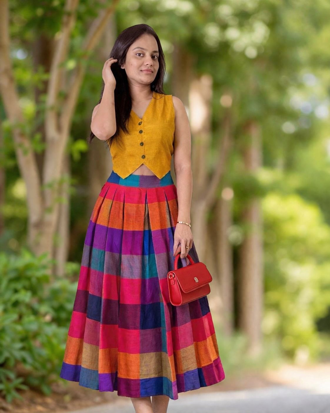 Midi length Madras checks combo variants with trendy crop top