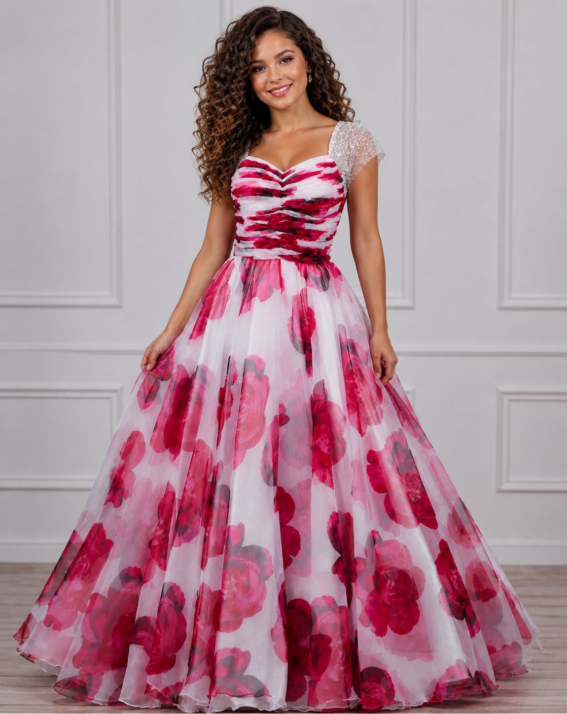 White & Red Floral Printed Organza Party Gown