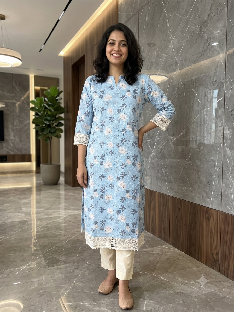 Floral Print Cotton Kurta Set with Lace Details