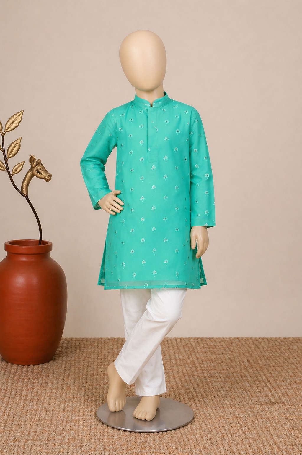 Green Chanderi Dhoti Set for Toddler Boys with Mirror Embroidery × 1