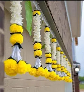 Wool Handmade Artificial Marigold Fluffy Flowers with Ring Bell Hanging Latkan Toran For Home, Festival, Wedding, Temple Pooja Room Decoration (Pack of 6)