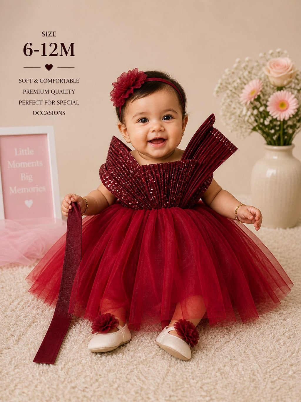 Pre-Owned Burgandy Party Wear Net Dress with Head Band