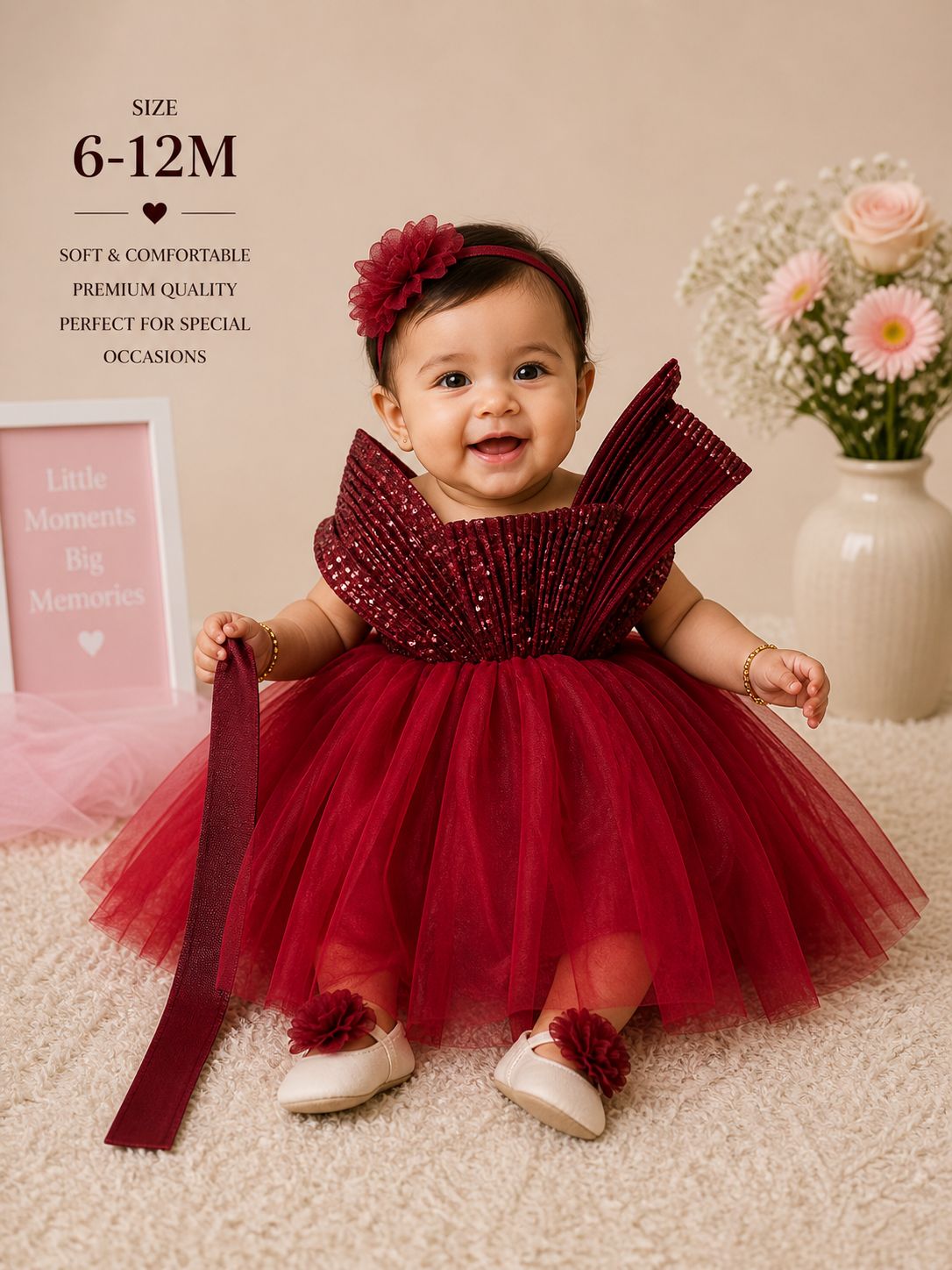 Pre-Owned Burgandy Party Wear Net Dress with Head Band