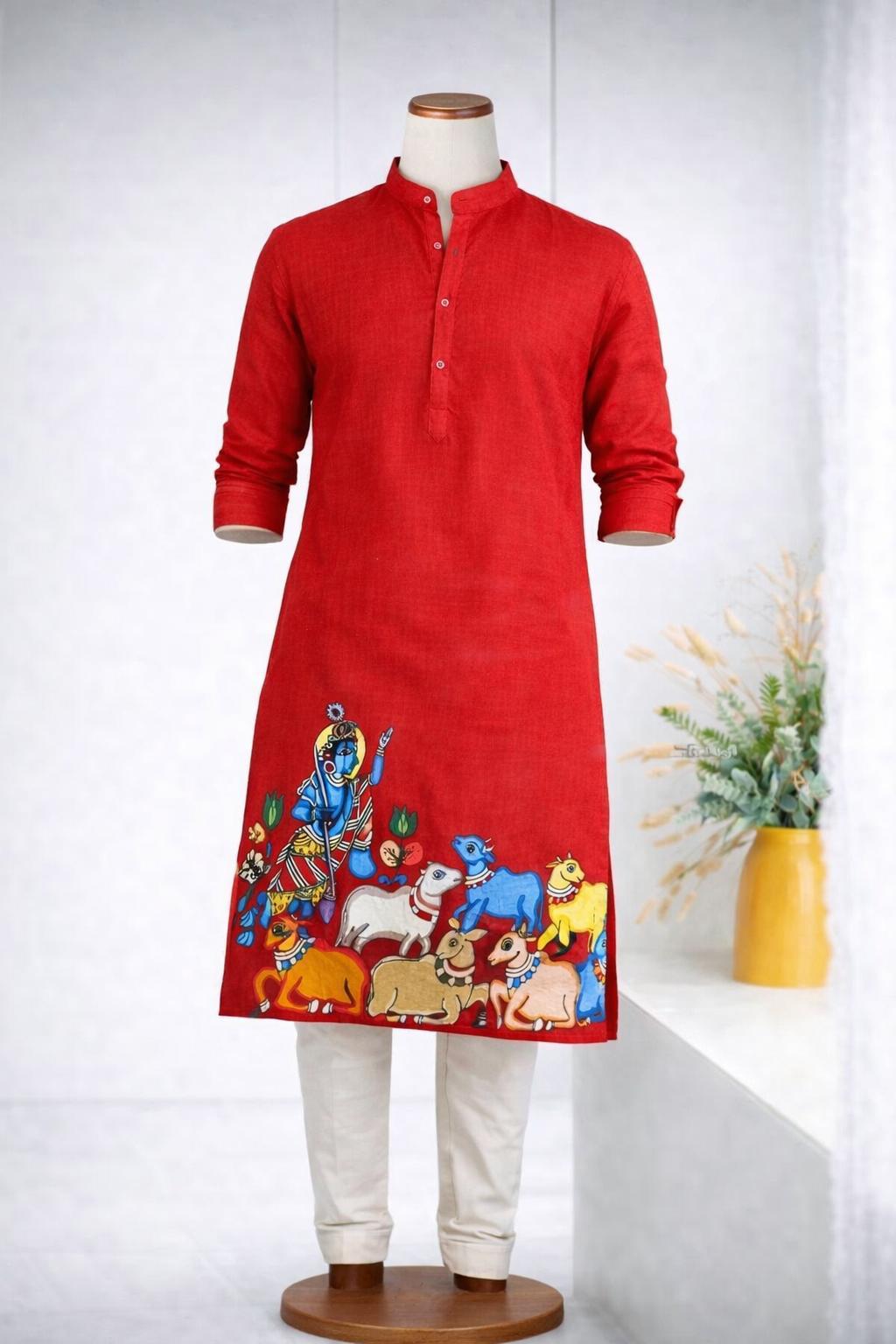 Red Festive kurtha with Mythological print (Pant Not included)