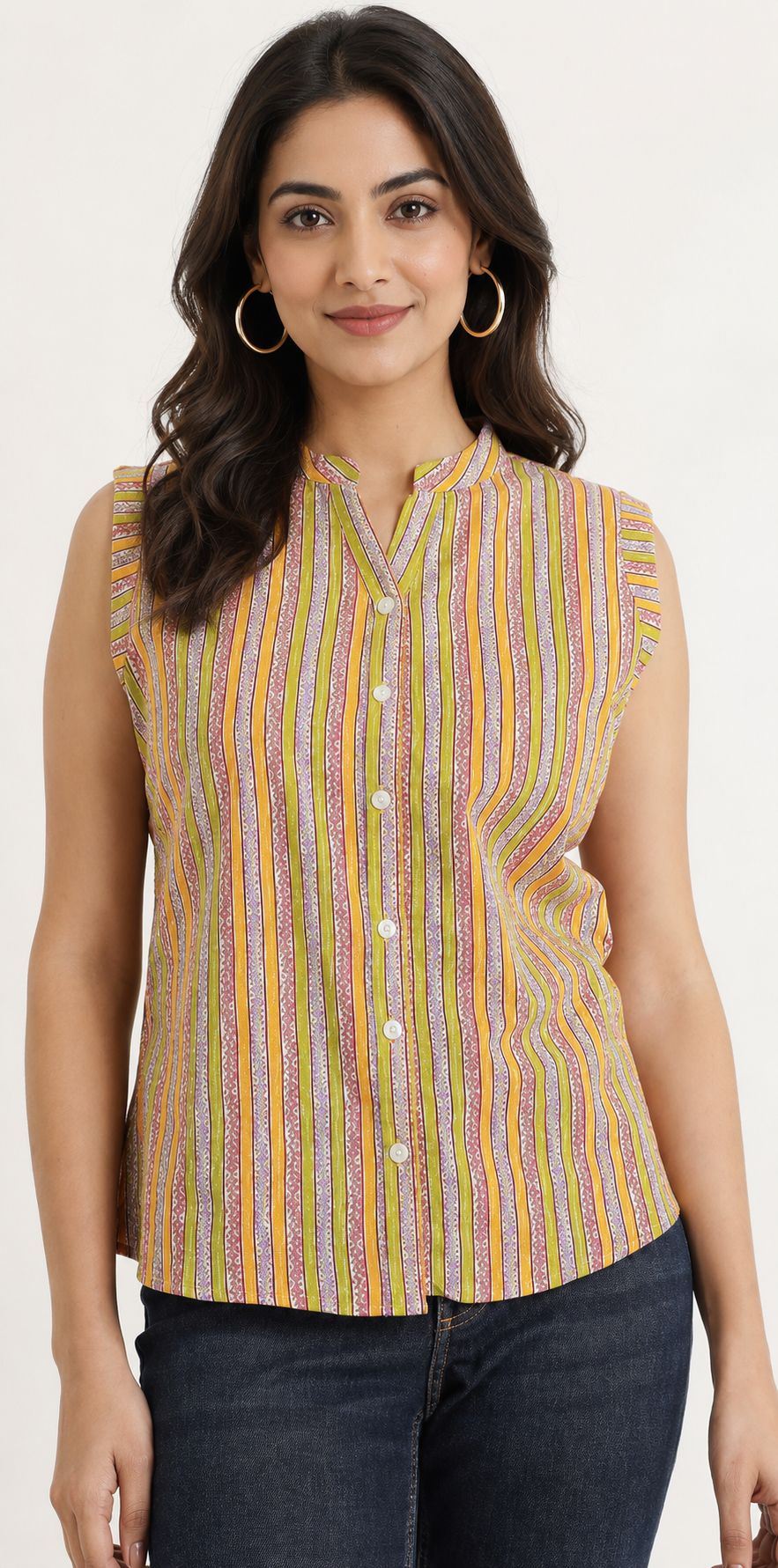 Sleeveless cotton Top With Buttons Multicolor
