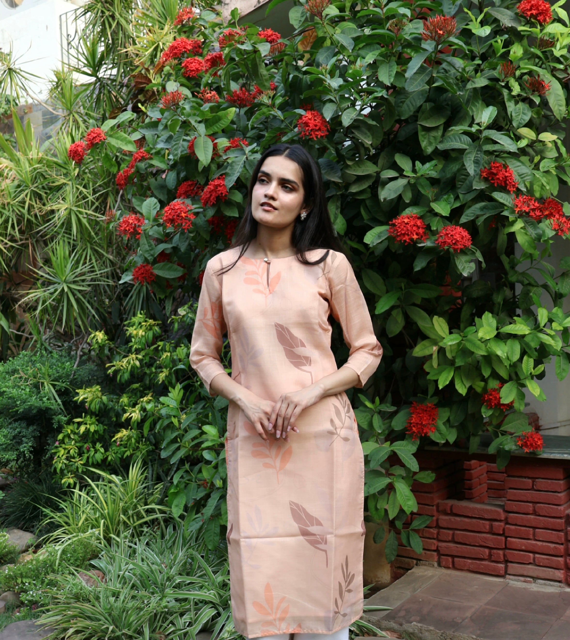 Pastel Peach Leaf Print Linen Kurti