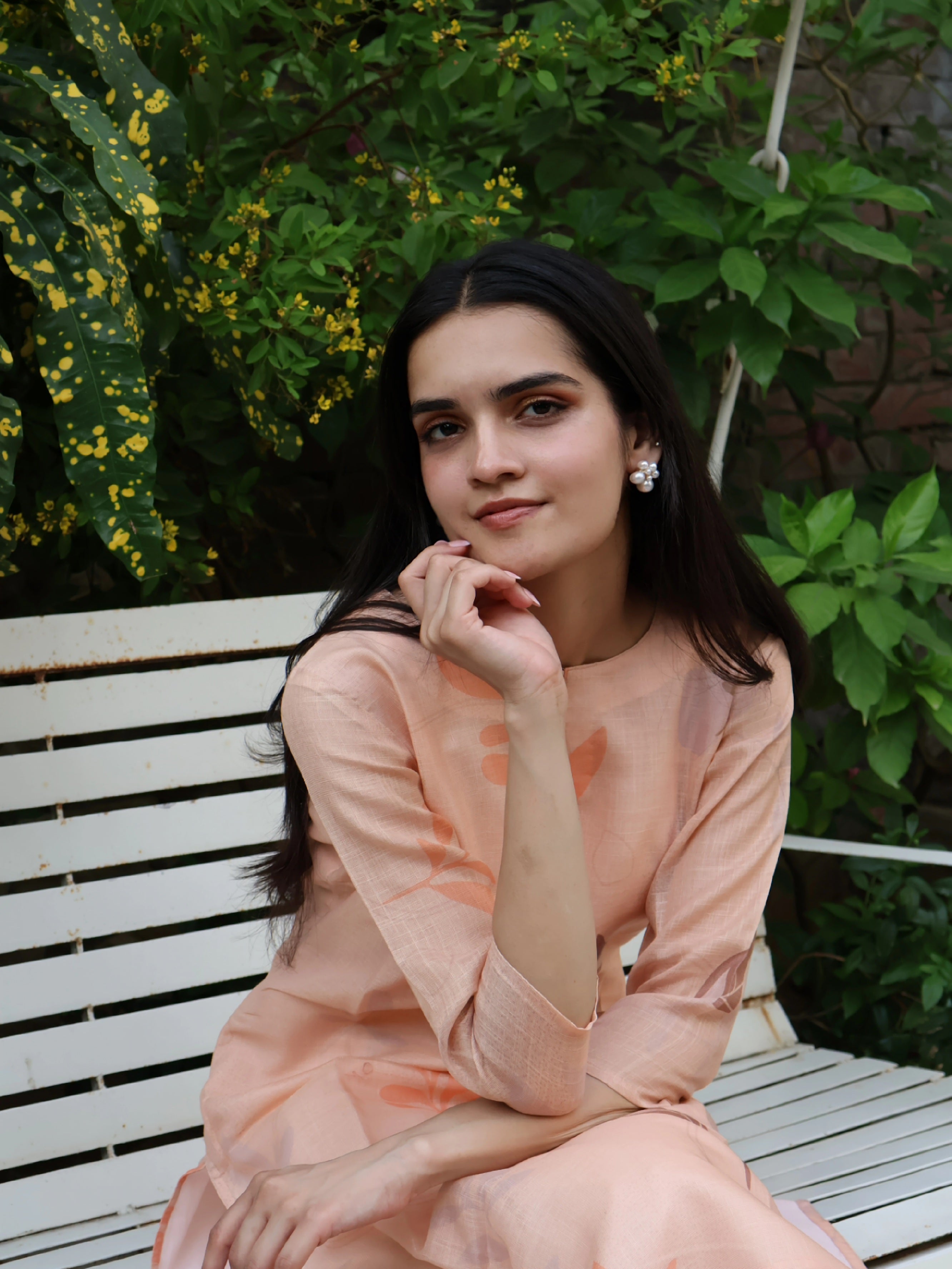 Pastel Peach Leaf Print Linen Kurti