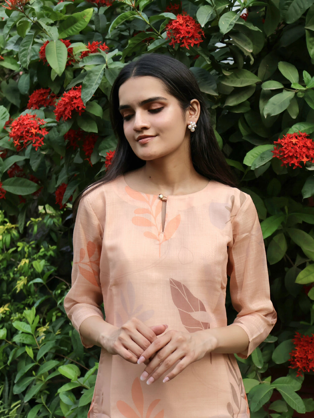 Pastel Peach Leaf Print Linen Kurti