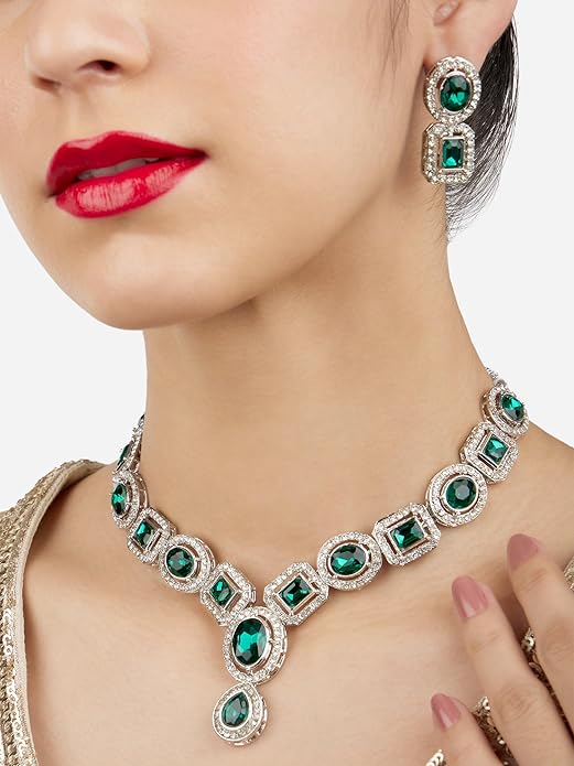 ZAVERI PEARLS Green Stones & Dazzling Austrian Diamonds Embellished Necklace & Earring Set For Women-ZPFK17196