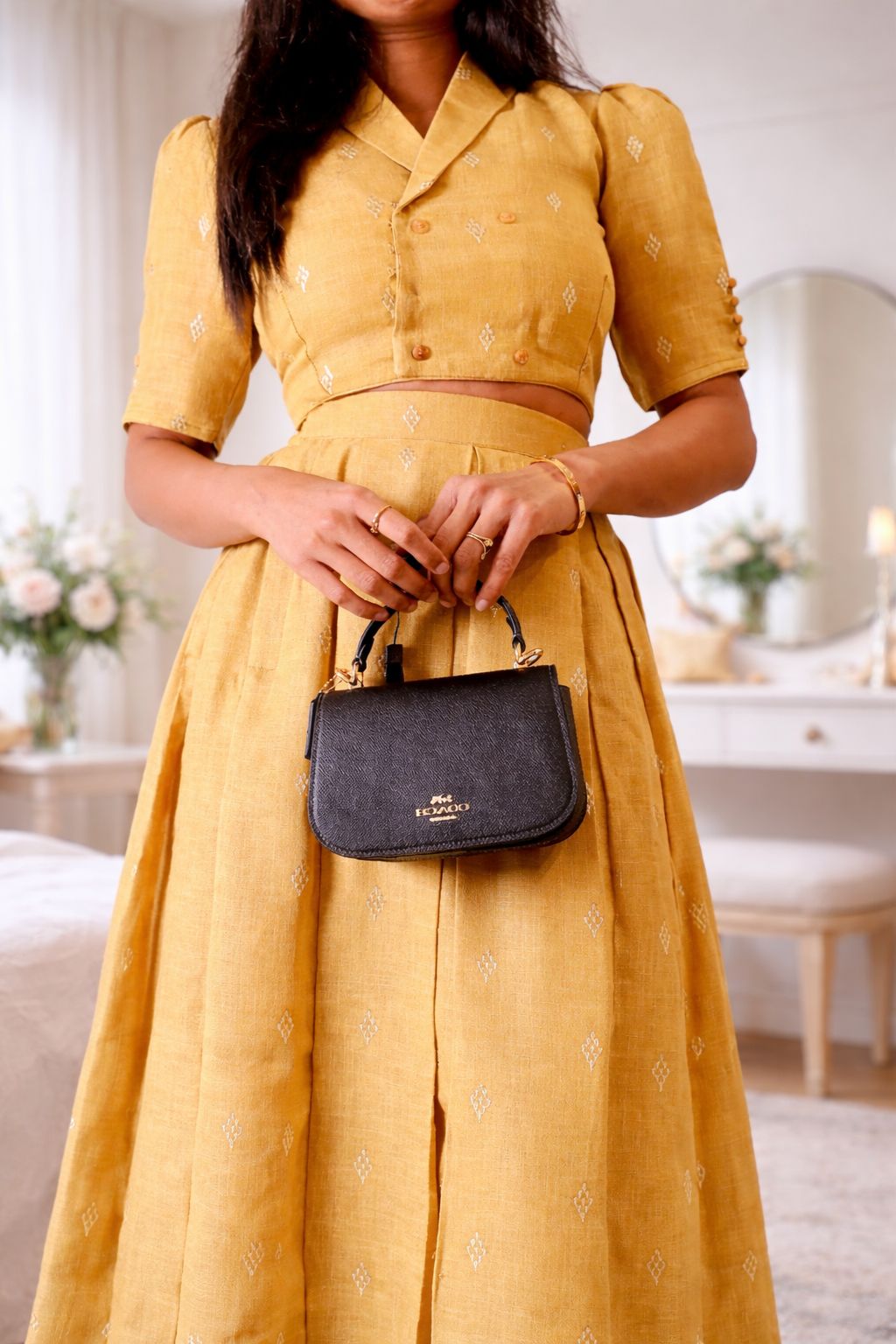 Mustard Embroidered Lenin Fabric Crop top and skrit Set