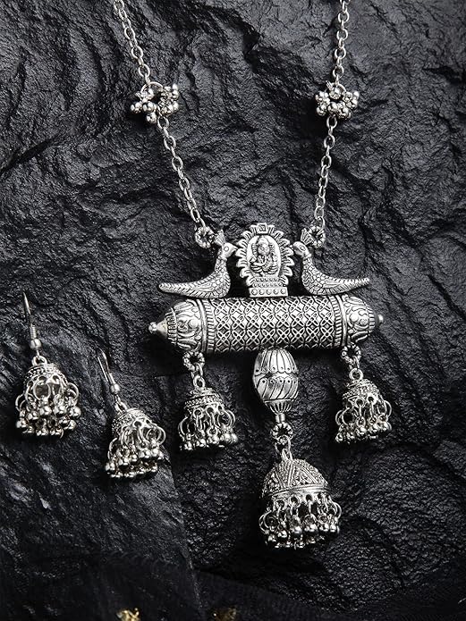 Shining Diva Fashion Latest Stylish Design Fancy Oxidised Silver Afghani Chain Pendant Earrings Necklace Jewellery Set for Women (Silver) (12013s)