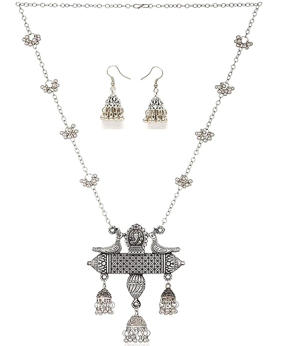 Shining Diva Fashion Latest Stylish Design Fancy Oxidised Silver Afghani Chain Pendant Earrings Necklace Jewellery Set for Women (Silver) (12013s)