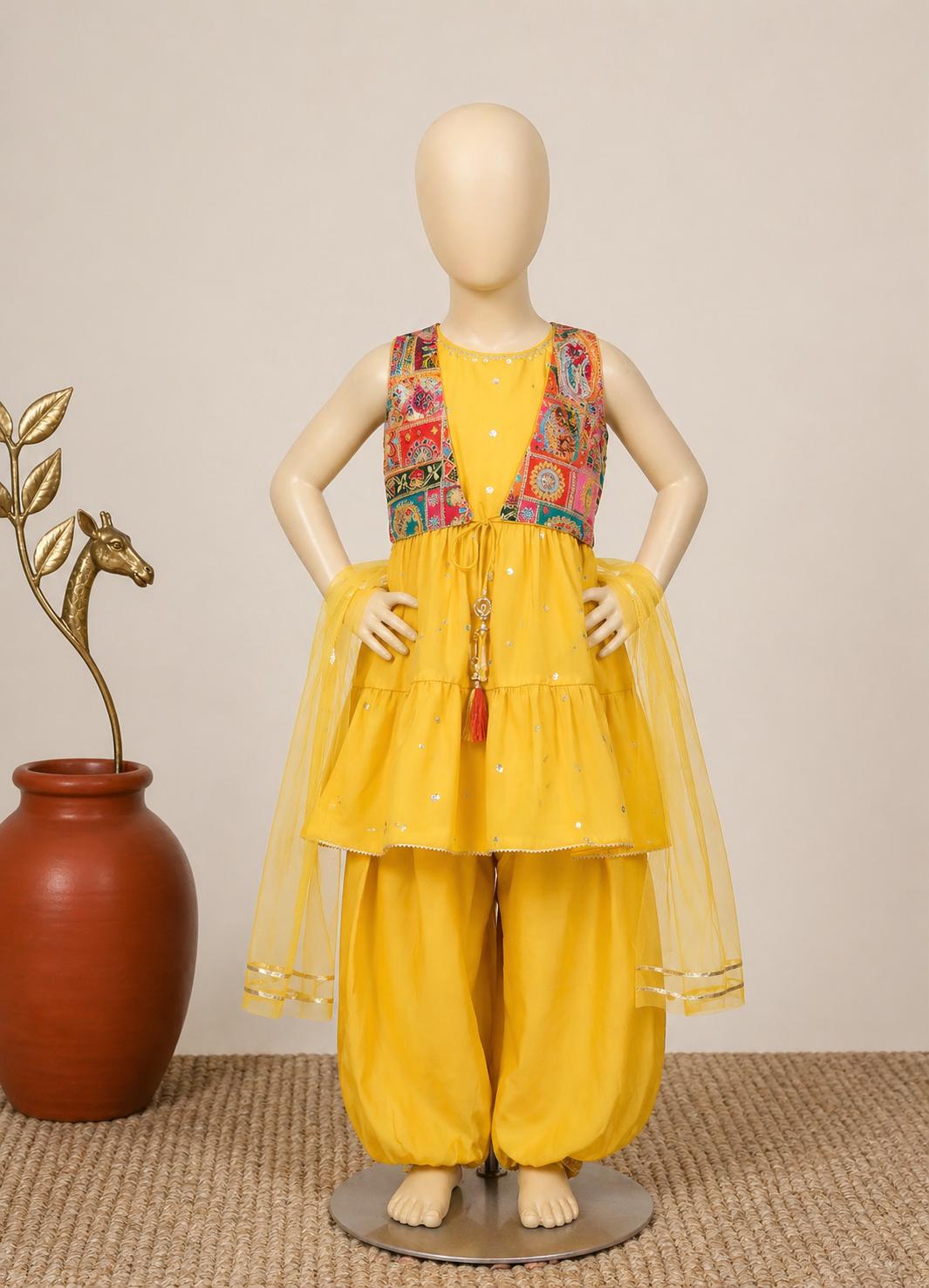 Girls Yellow Georgette Suit Set with Embellished Ethnic Jacket and Matching Dupatta × 1