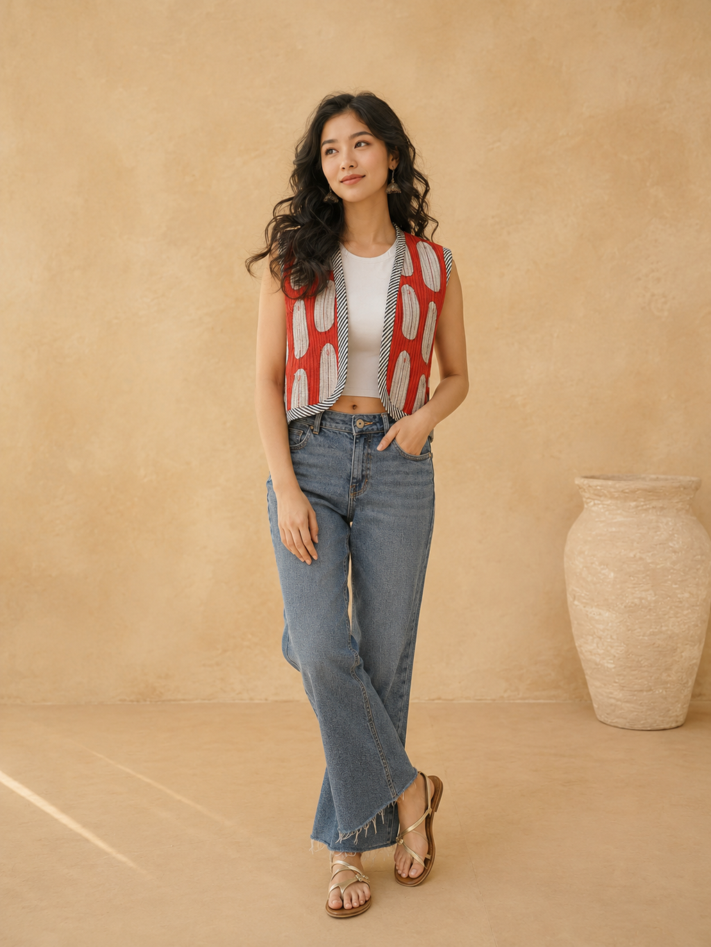 Cotton Printed Crop Sleeveless Quilted Jacket