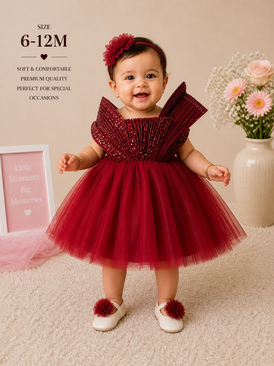 Pre-Owned Burgandy Party Wear Net Dress with Head Band