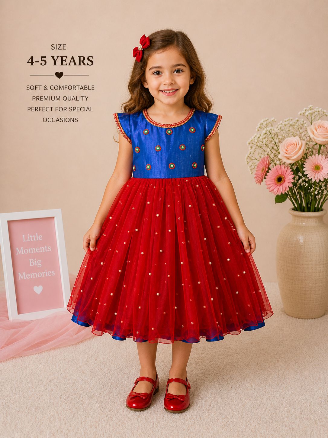 Pre-Owned Red &Royal Blue Netted Dress