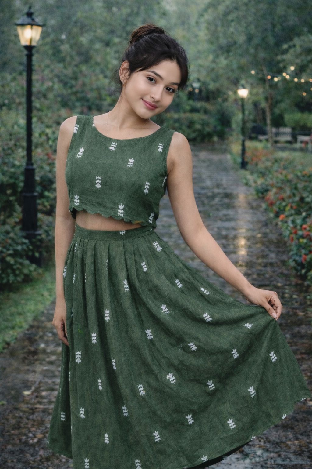 Dark Green Handloom Crop top & Skirt