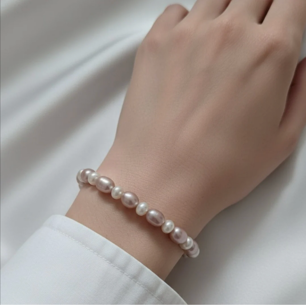 Pink and White Freshwater Pearl Bracelet in 925 Sterling Silver