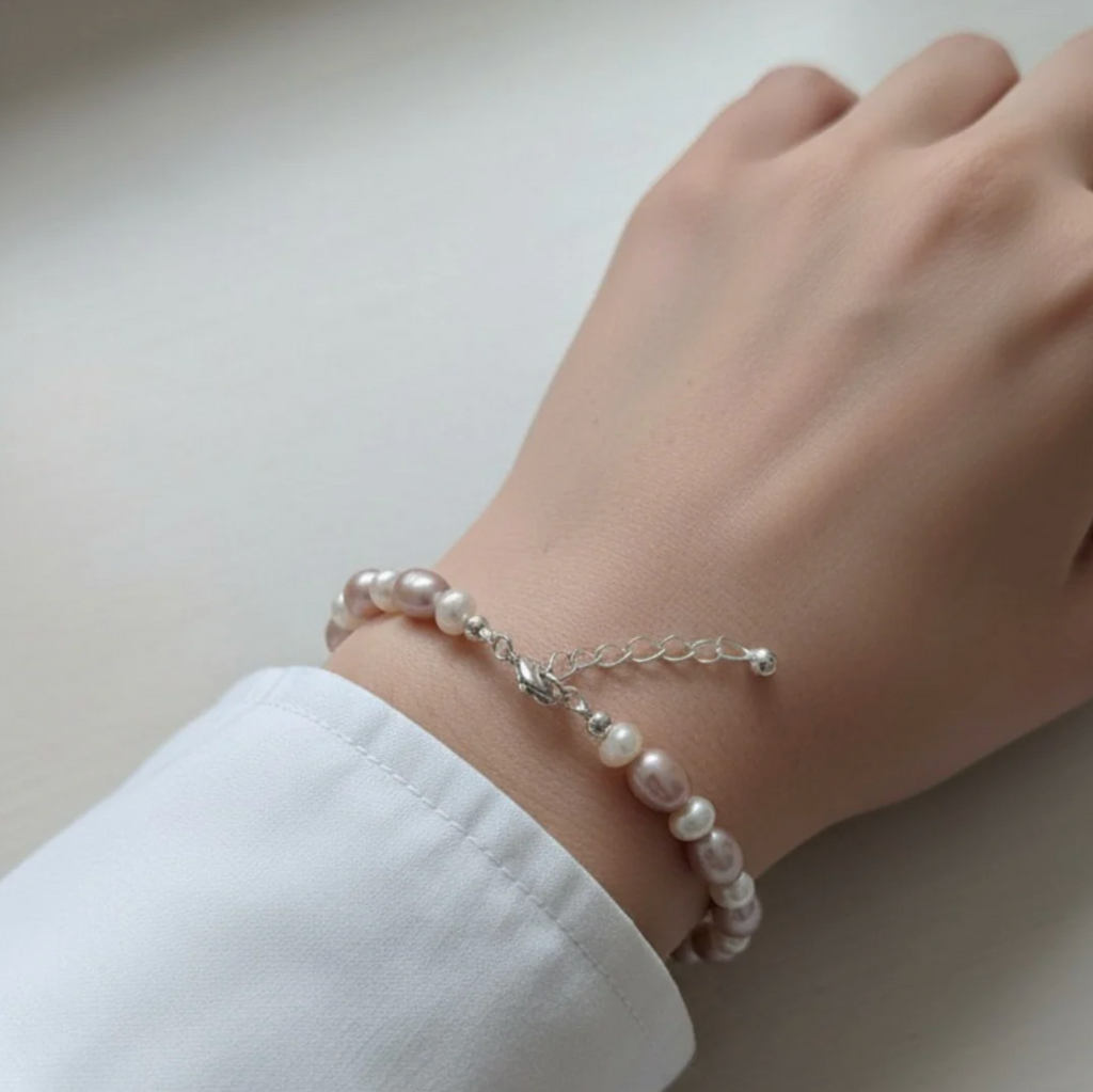 Pink and White Freshwater Pearl Bracelet in 925 Sterling Silver