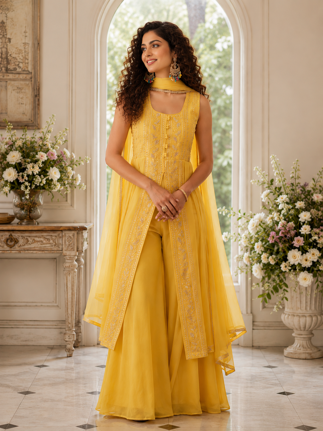 Yellow Embroidered Festive Gown Set