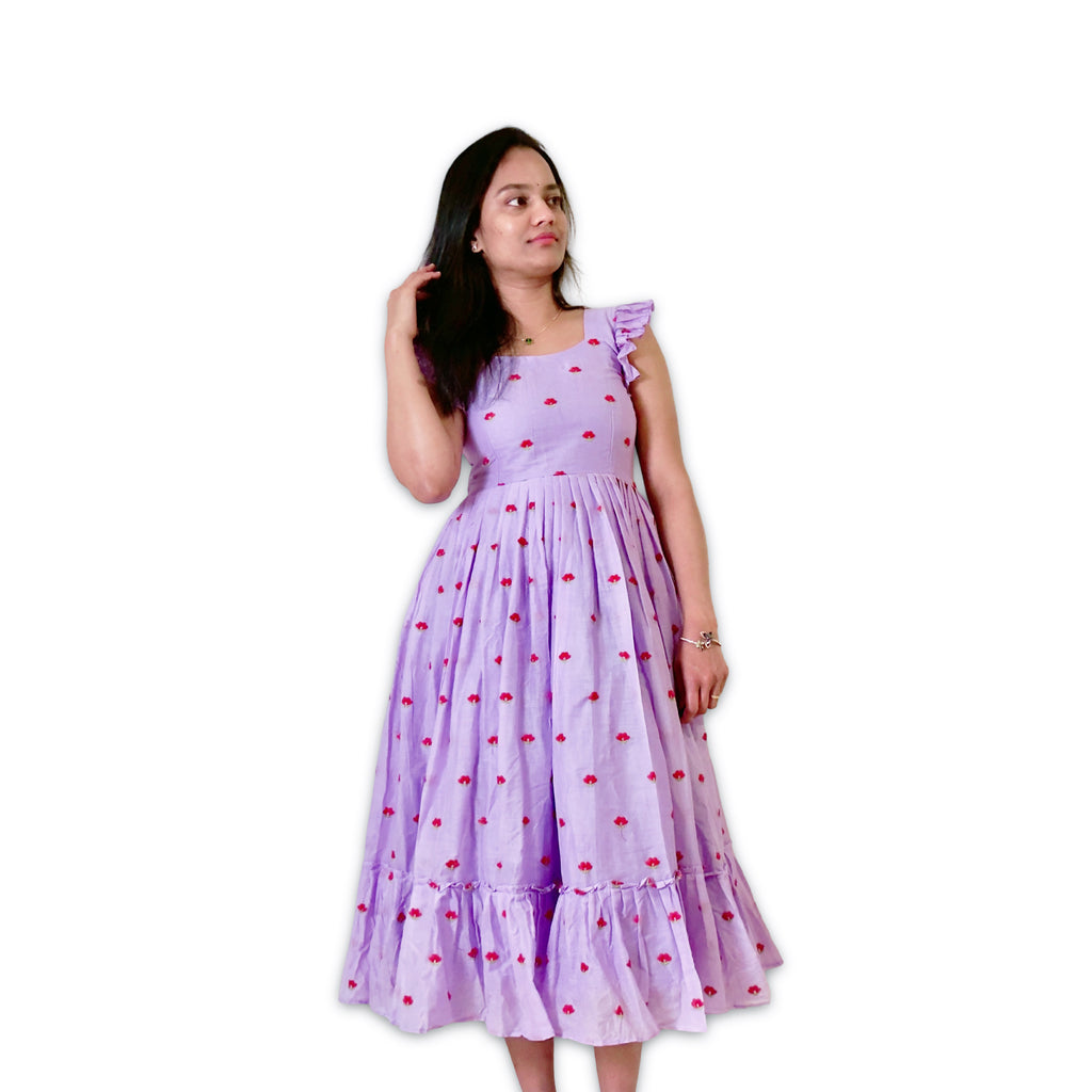 Lavender Embroidered Mul Cotton Midi Length Dress