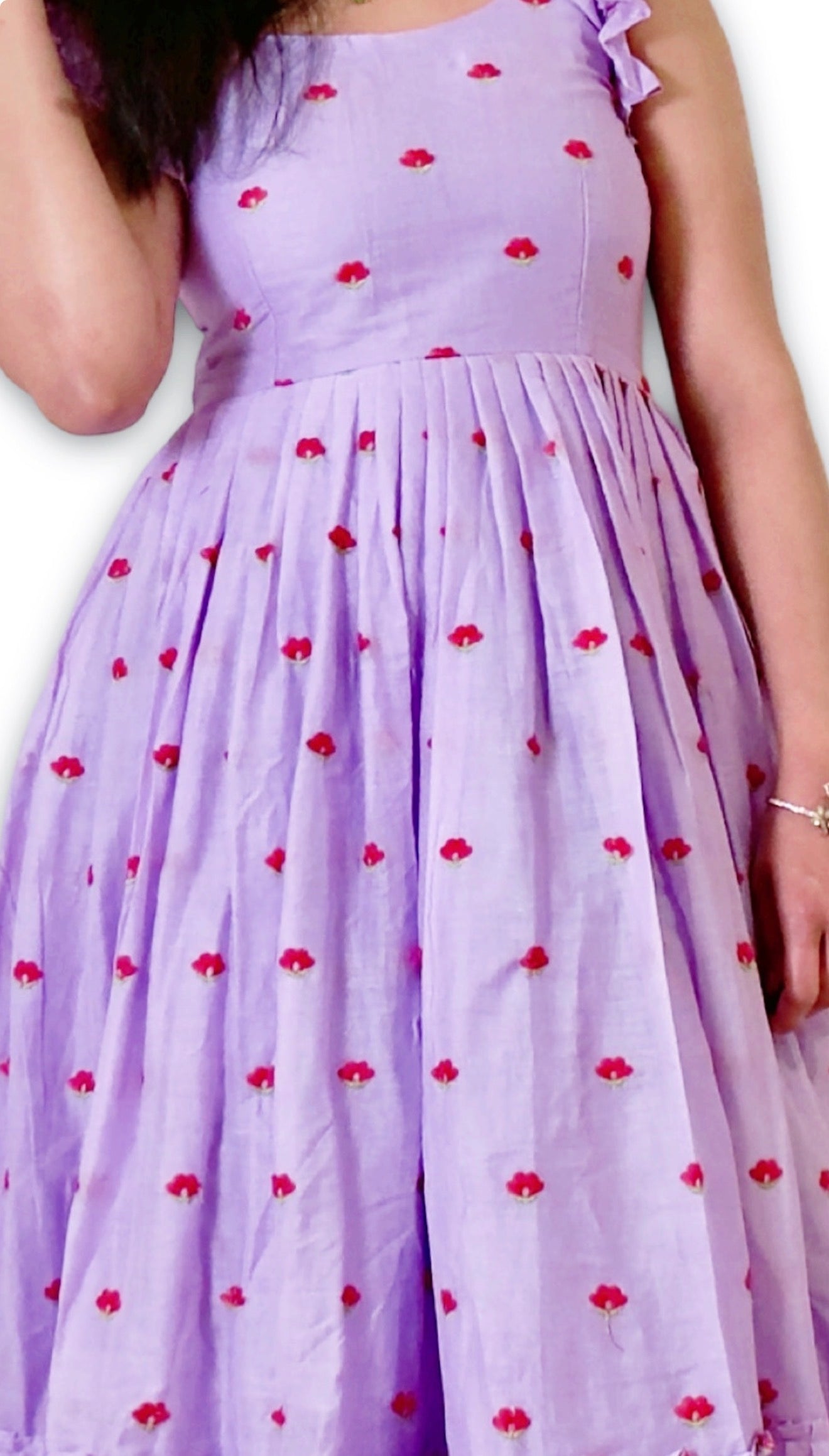 Lavender Embroidered Mul Cotton Midi Length Dress