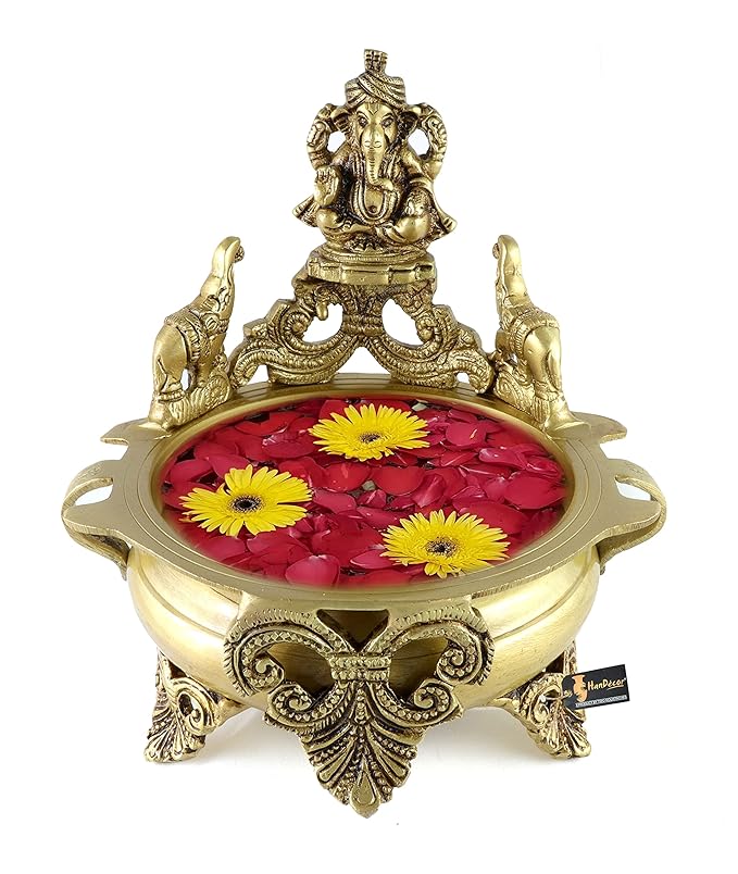 Two Moustaches Ganesha Design 7.5 Inches Brass Urli, Brass Urli for Flowers, Urli Bowl for Home Decor, Urali Decoration Bowl, Antique Yellow, Weight - 1.8 Kg, Pack of 1