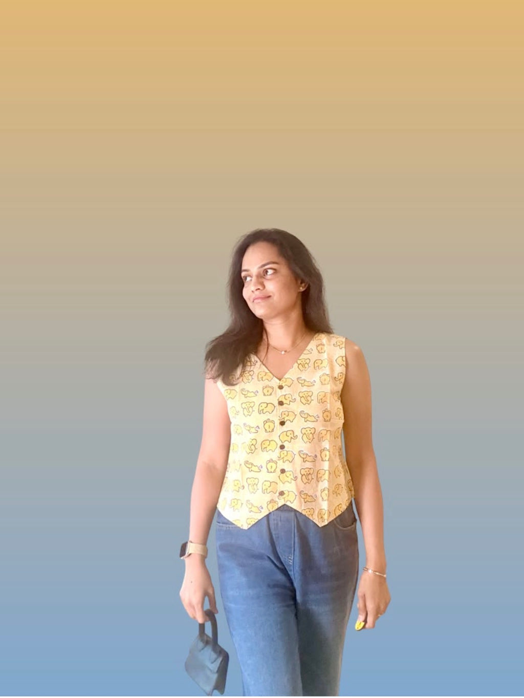 Sleeveless Cotton Block Printed Kothi Top Yellow