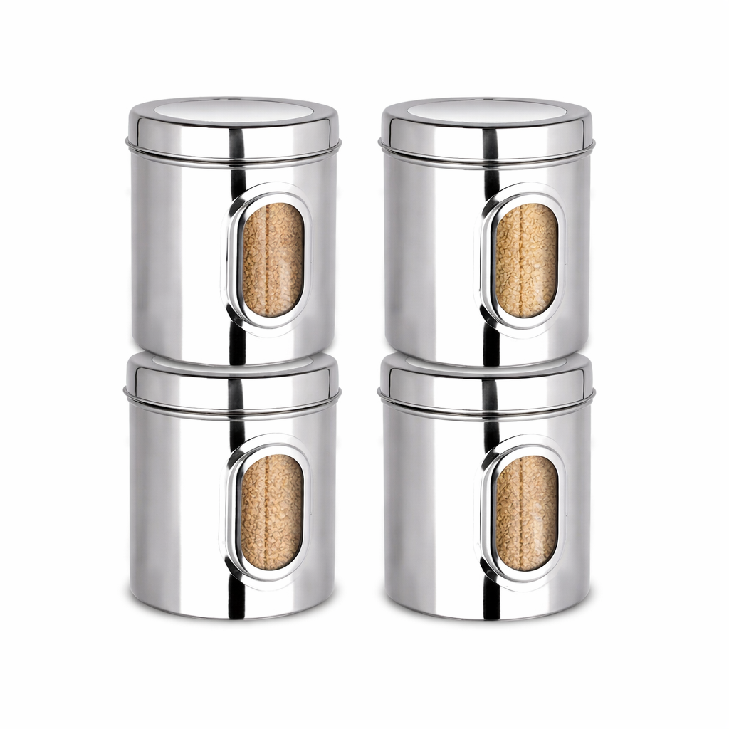 Stainless Steel Multipurpose See Through Containers | Air Tight Canisters For Kitchen Storage | Ubha Dabba | Transparent Vertical Jar | Silver | 2 Kgs | Pack Of 4 Pcs
