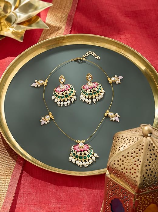 ZAVERI PEARLS Green Pink Meenakari Lotus Design Kundan Embellished Necklace & Earring Set For Women-ZPFK19169
