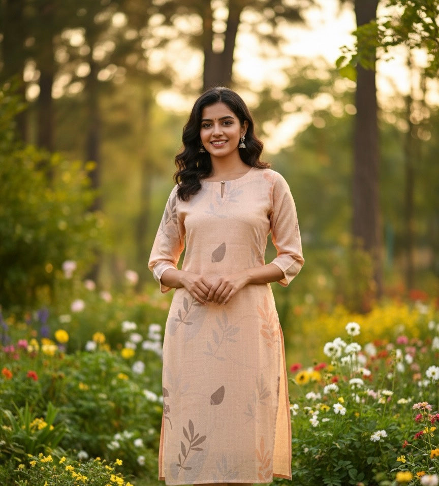 Pastel Peach Leaf Print Linen Kurti