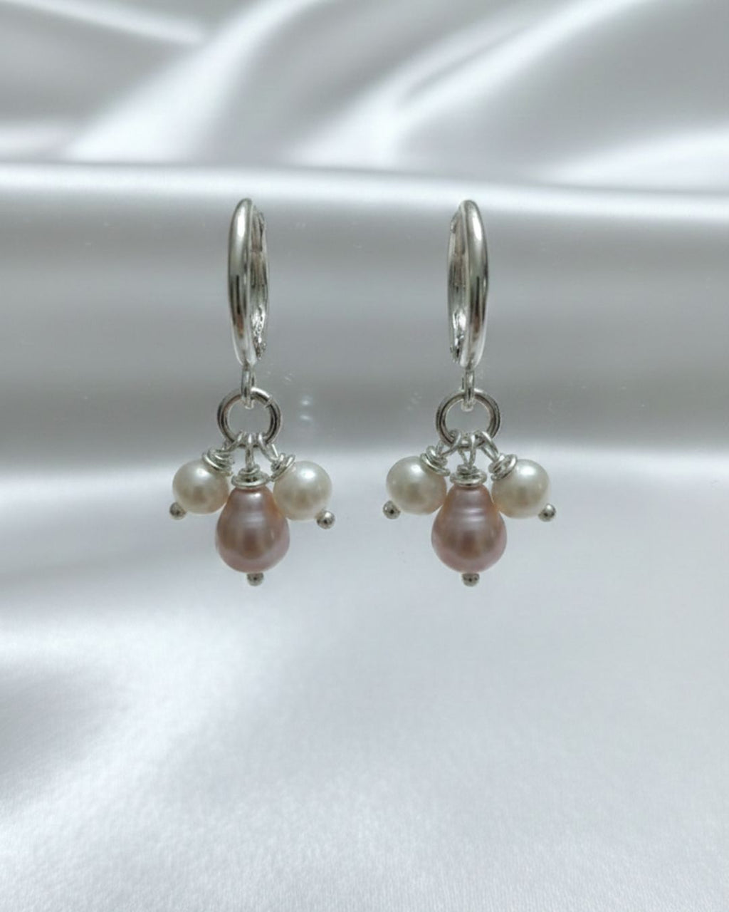 Sterling Silver Pink and White Pearl Hoops
