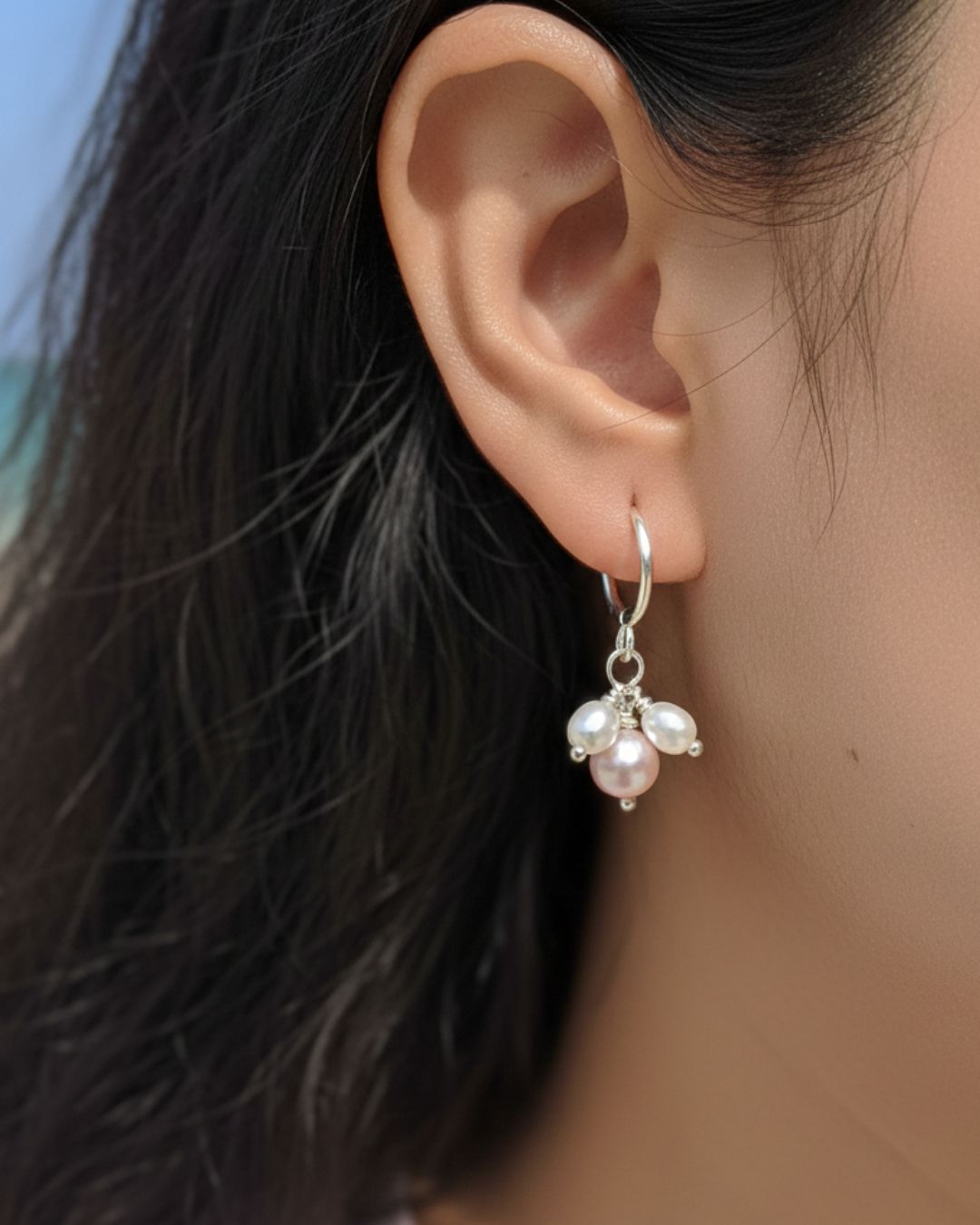 Sterling Silver Pink and White Pearl Hoops