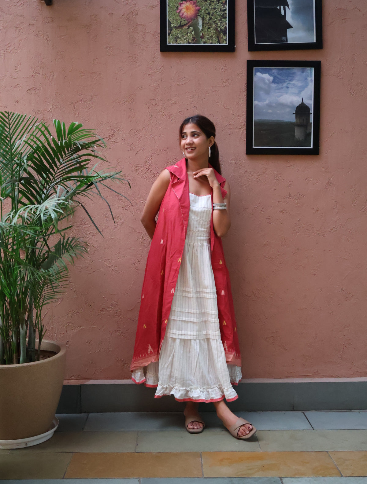 White dress with red shrug