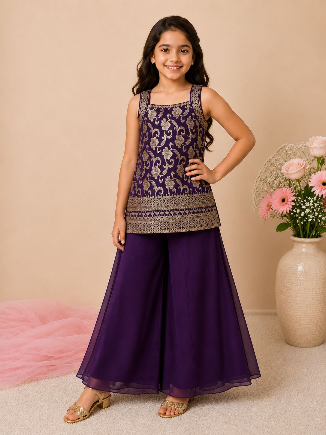 Girls Festive Plazo set with Halter Kurthi & Duppata