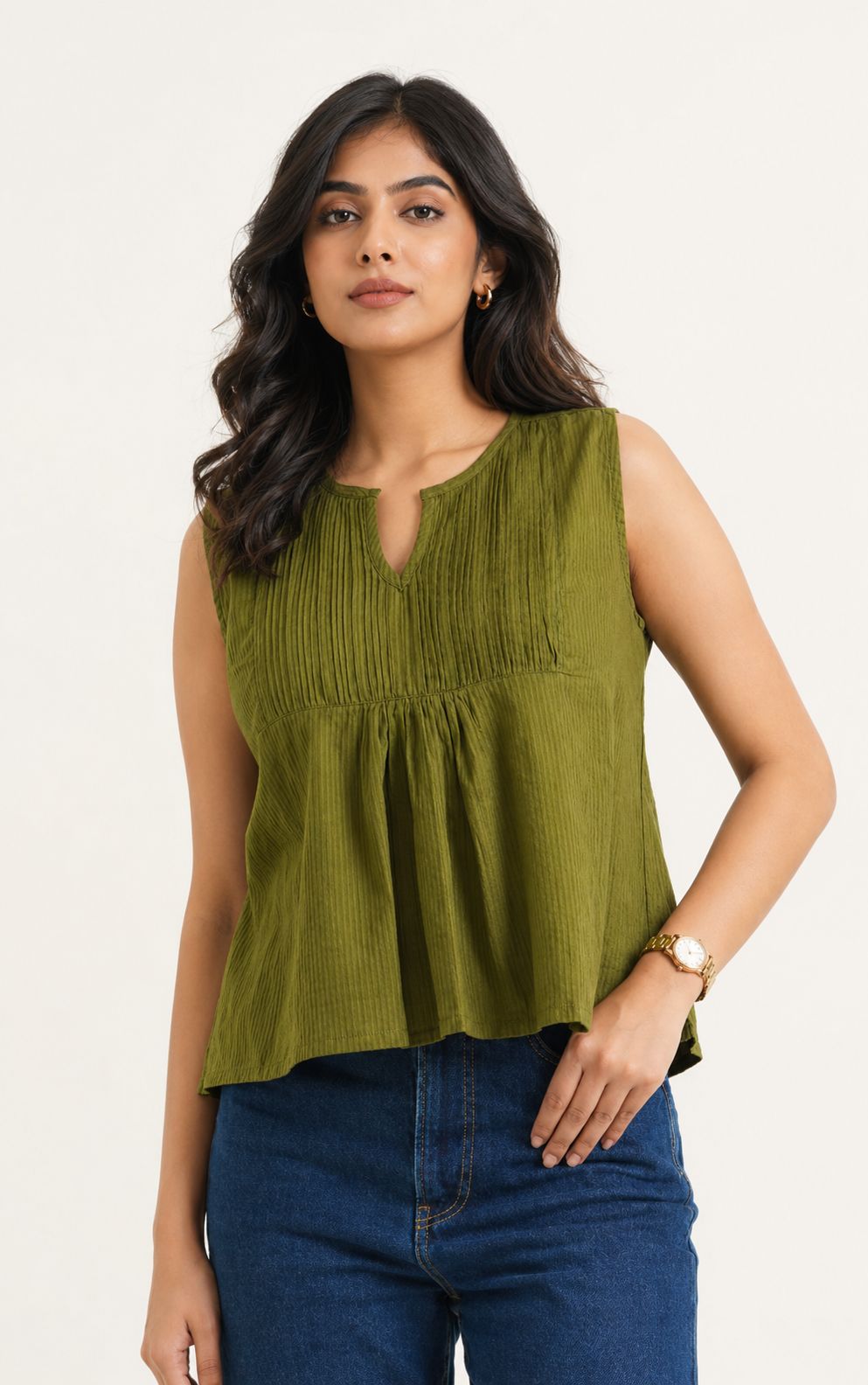 Solid Cotton Sleeveless Breezy Top Green