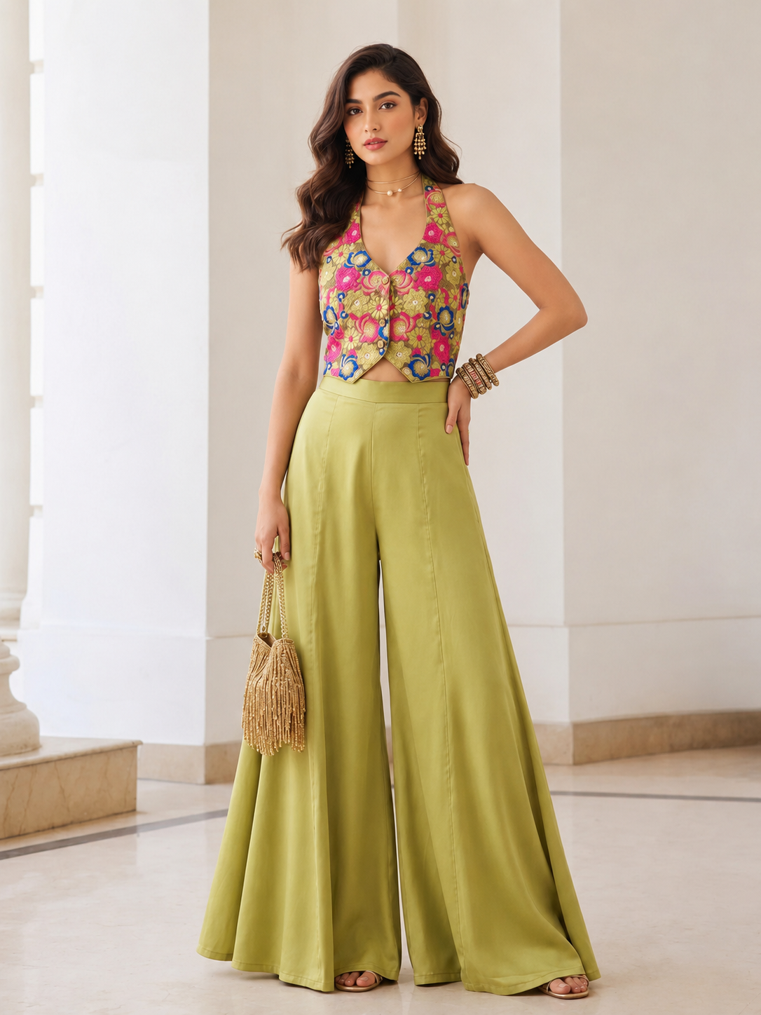 Olive Silk Palazzo Co-Ord Set