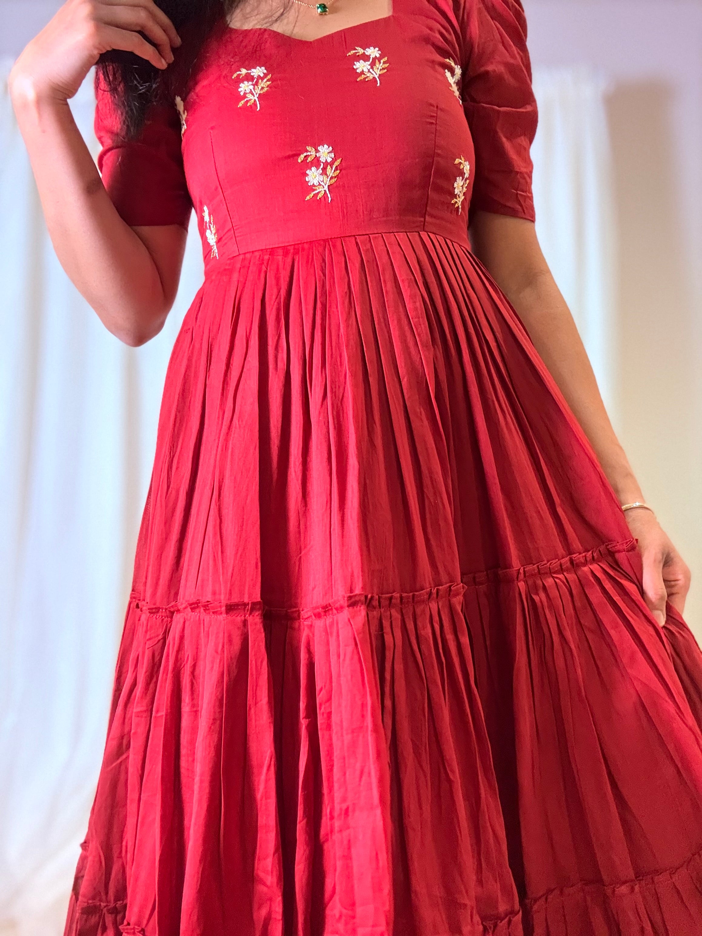 Burgandy Colored Embroidered Mul Cotton Tiered Midi Dress