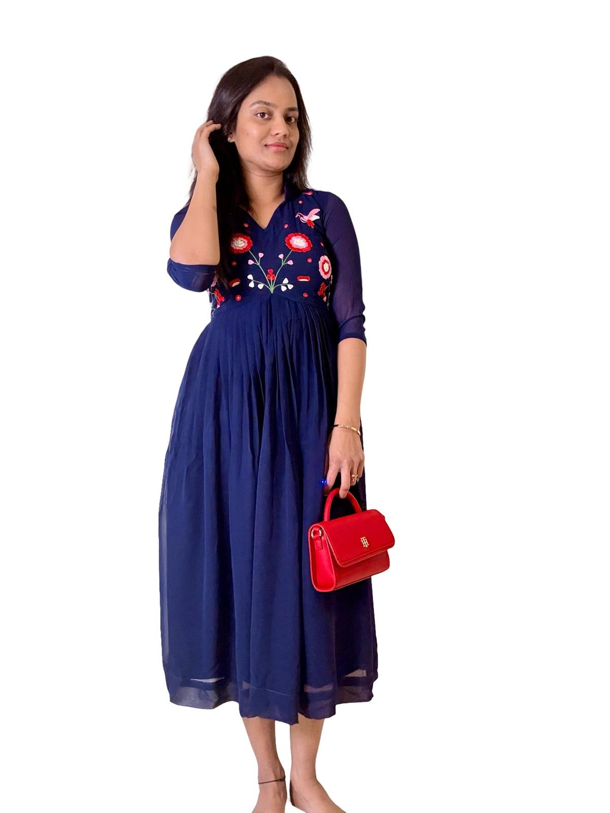 Navy Blue Georgette Fabric Embroidered Midi Dress