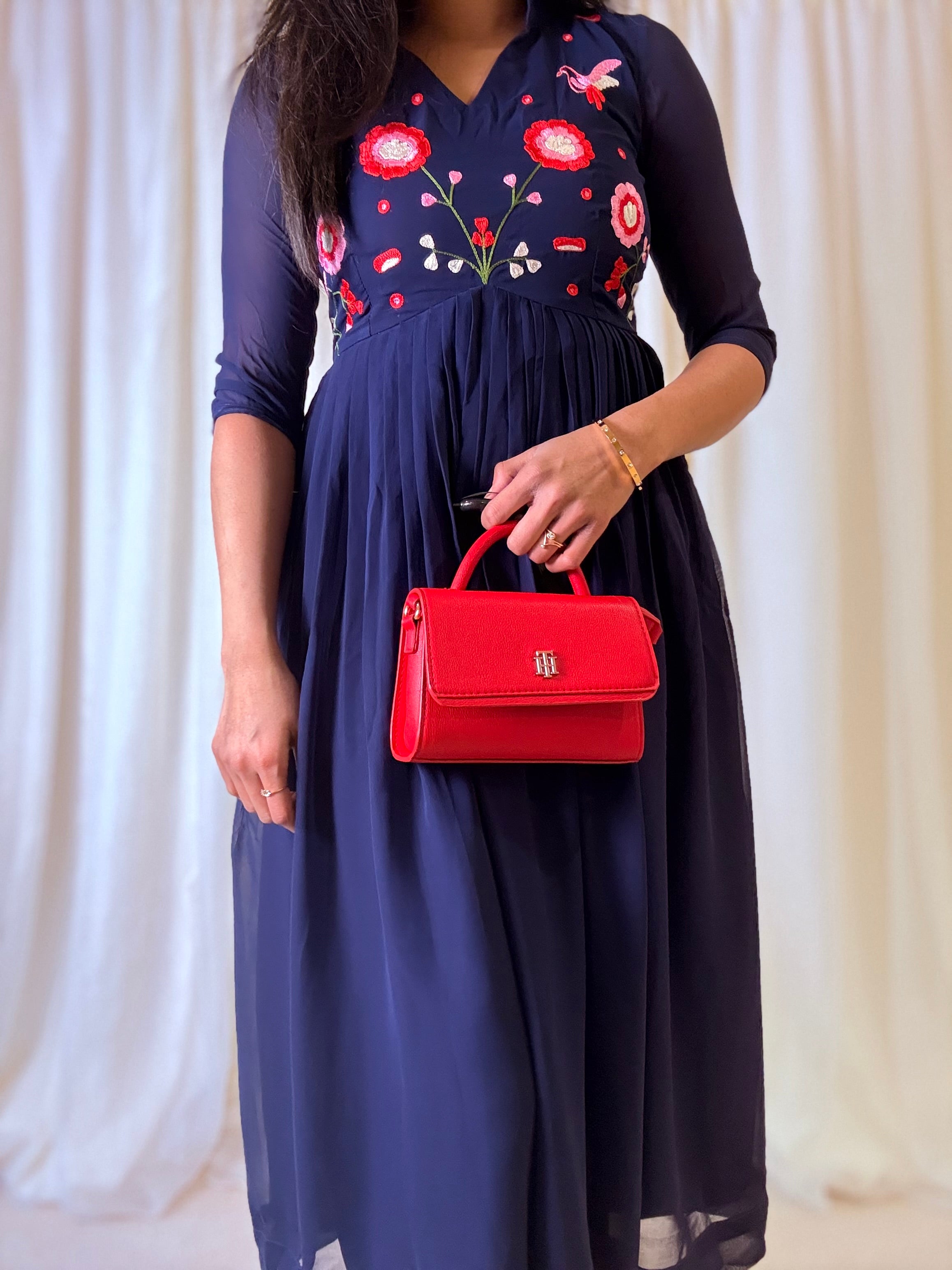Navy Blue Georgette Fabric Embroidered Midi Dress