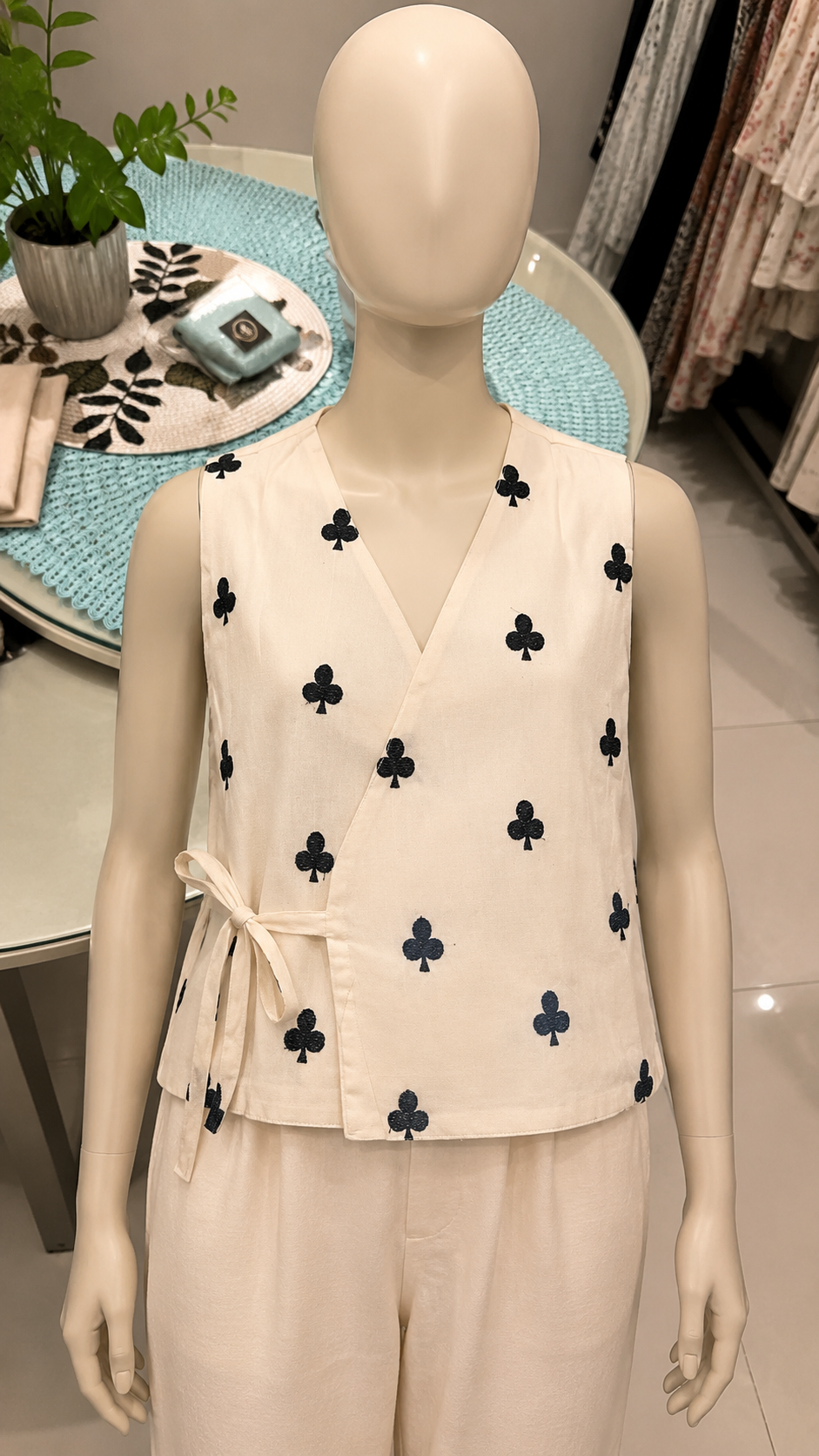 Ivory Wrap Top with Black Floral Motifs