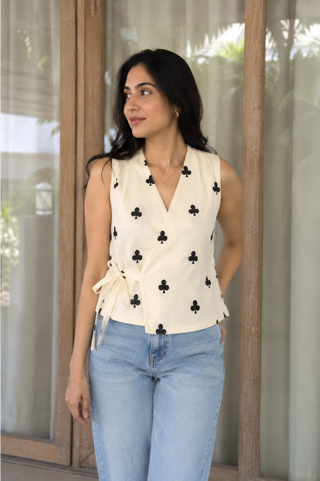 Ivory Wrap Top with Black Floral Motifs