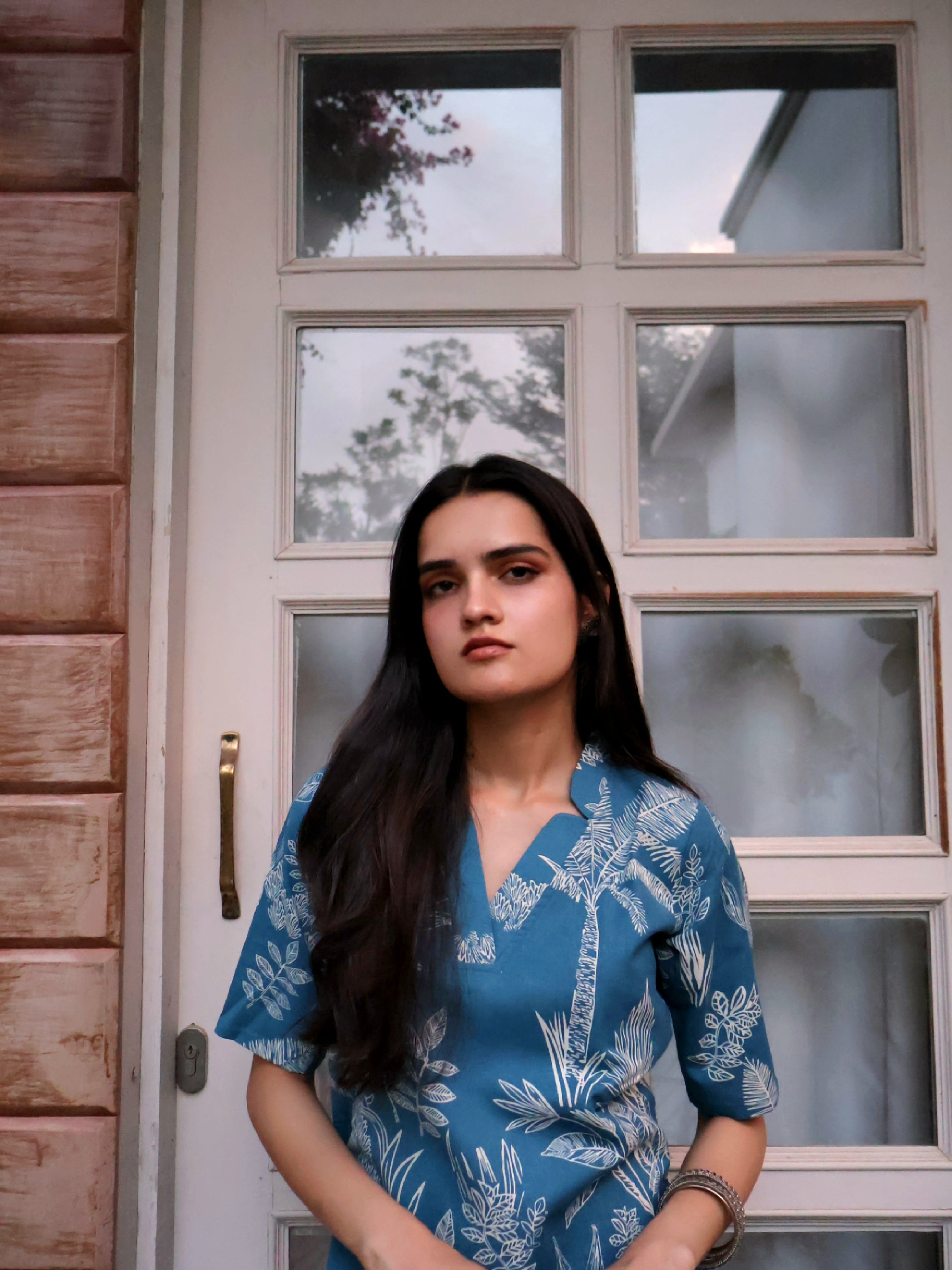 Blue Tropical-Print Straight Kurta
