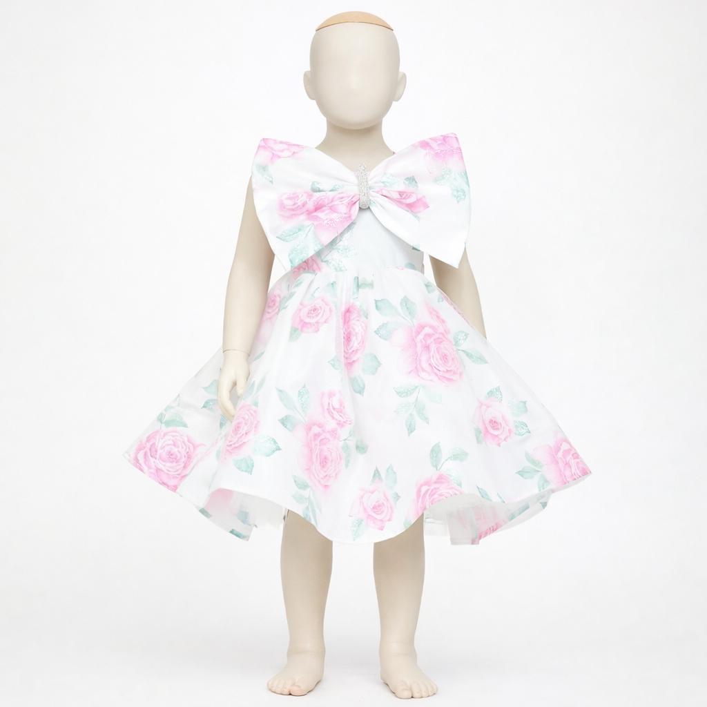 Baby Girls Lavender Party Dress in Organza Shimmer with Digital Floral Print and Bow Accent